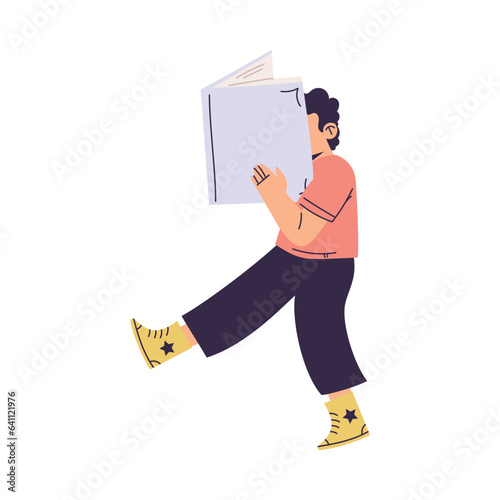 Little Boy with Open Book Walking Reading Interested with Story Vector Illustration