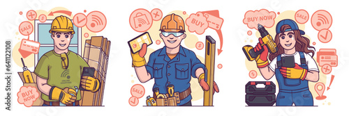 Set of smiling construction workers in uniform buying goods on internet via smartphone. Collection of tools for repair. Shopping online and delivery. Flat vector illustration in cartoon style
