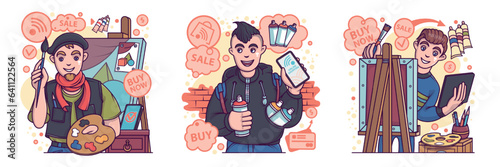 Smiling male with paintbrush ready to draw. Professional artist select paint on tablet. Online store for artists. Set of paintbrushes, spray paint, drawing materials. Flat vector illustration