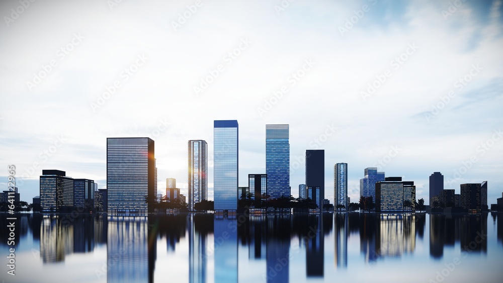 Modern City Skyline at Dusk,Silhouette Building Background 3d Rendering with Reflection Ground.