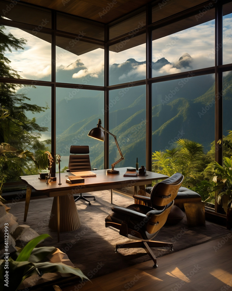 Elegant and luxurious design of a home office setup, with a breathtaking view of greenery through grand elegant windows. Generative AI.
