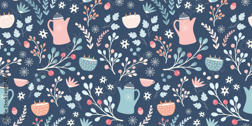 Hygge Autumn and winter pattern border design. Cute and cosy vector seamless repeat banner.