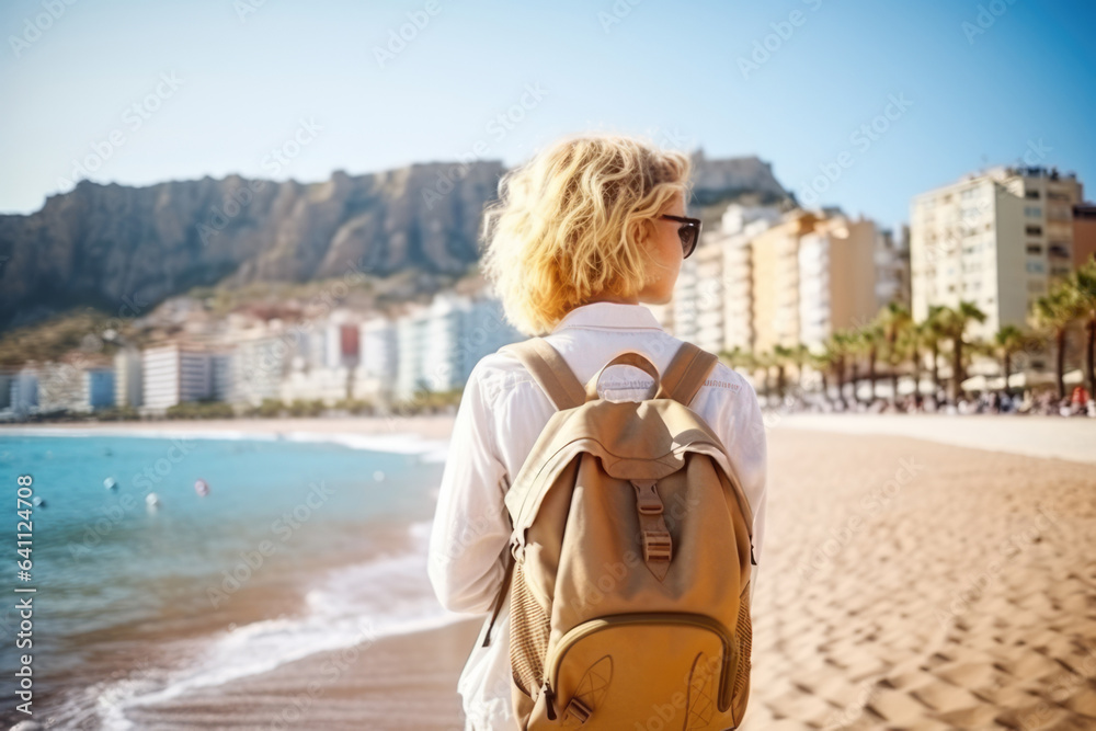 Young hipster girl enjoying view of popular touristic resort by the Mediterranean Sea in Spain. Young backpacker tourist in solo travel. Vacation, holiday, trip, work and travel, digital nomads