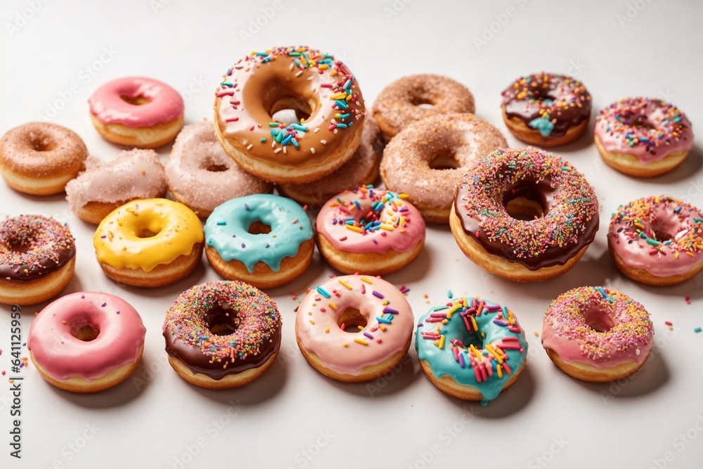 Variety of colorful donuts on a white background, top view Variety of colorful donuts on a white background, top view