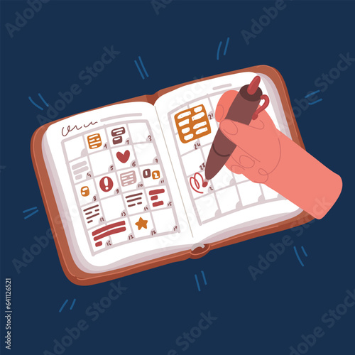 Cartoon vector illustration of Planner plan Schedule Calendar and reminder agenda, work online at home. Women hand planning daily appointment and write business trip in diary at office desk. 2023 Cale