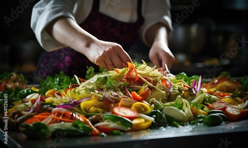 close up shot of a cook's woman hands preparing an order . Generative AI