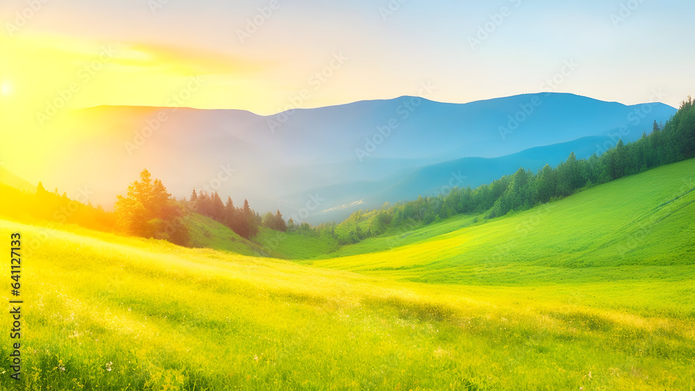 Mountain valley during sunrise. Natural summer landscape. background, wallpaper 1. generative AI