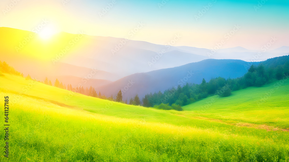 Mountain valley during sunrise. Natural summer landscape. background, wallpaper 3. generative AI