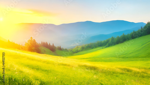 Mountain valley during sunrise. Natural summer landscape. background  wallpaper 1. generative AI