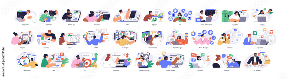 Information technology business, work in internet, big set. Software development, 3d and web design, programming, marketing in IT agency. Flat graphic vector illustrations isolated on white background