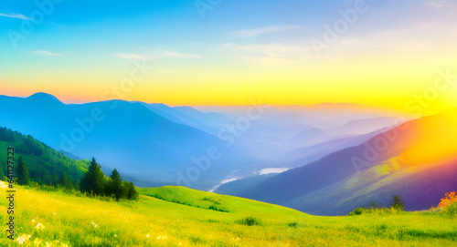 Mountain valley during sunrise. Natural summer landscape. background  wallpaper 5. generative AI