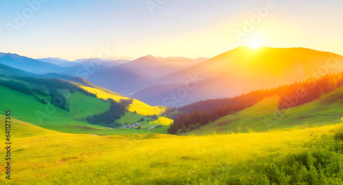 Mountain valley during sunrise. Natural summer landscape. background, wallpaper 9. generative AI