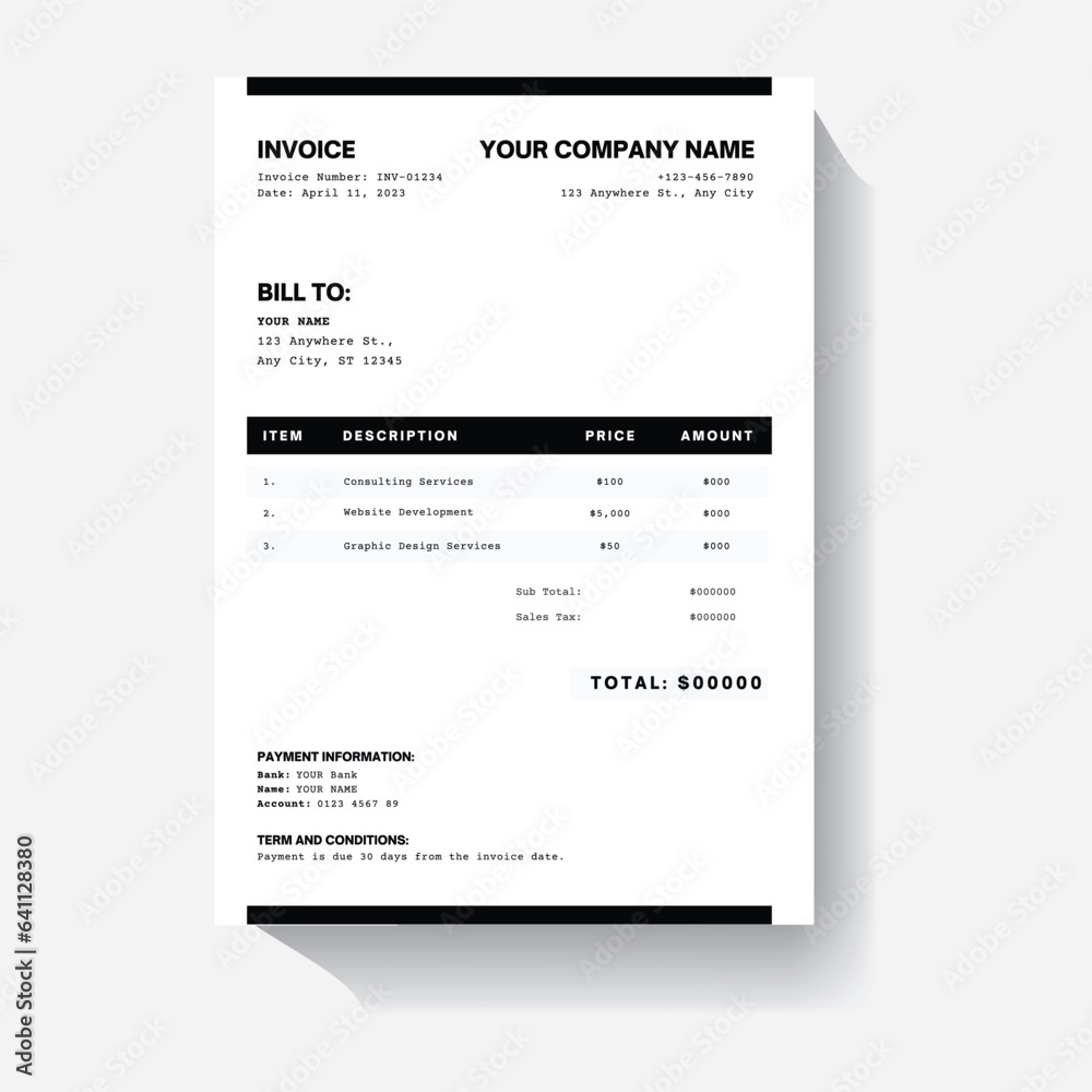 Business invoice form template. Invoicing quotes, money bills or price invoices and payment agreement design templates. Tax form, bill graphic or payment receipt page vector Business invoice form template. Invoicing quotes, money bills or price invoices and payment agreement design templates. Tax form, bill graphic or payment receipt page vector