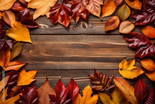 Autumn leaves circle on wooden background with copy space