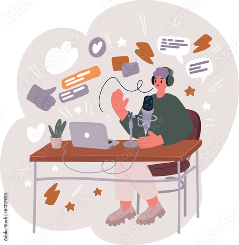 Vector illustration of Woman recording a podcast on her laptop computer with headphones and a microscope. Podcaster making audio podcast from her home studio.