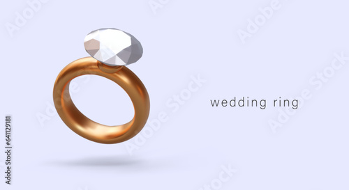 Realistic female wedding ring with precious stone. Expensive accessory of bride. Advertising concept on purple background. Marriage proposal symbol. Sign for jewelry store. Services of jeweler