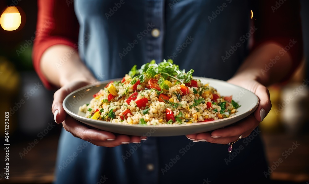 Hands holding a plate of delicious quinoa salad . Generative AI Hands holding a plate of delicious quinoa salad . Generative AI