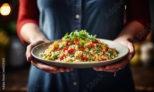 Hands holding a plate of delicious quinoa salad . Generative AI