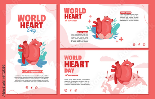 set of poster icons for world heart day. heart day illustration with health care character on September 29 pink background.