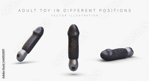 Black vaginal vibrator. Battery powered gadget for adults. Popular sex toy. Different vibration modes and intensity levels. Vector illustration with shadows