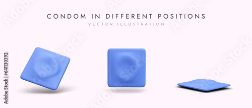 Condom in blue package. Accessory for protection against venereal diseases. Contraceptive. View from different sides. Color icons for sex shop. Promotion of safe sex