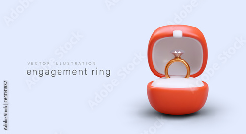 Engagement ring with precious stone in open box. Accessory for marriage proposal. Advertising poster in cartoon style. Template for jewelry store. Promotion announcement