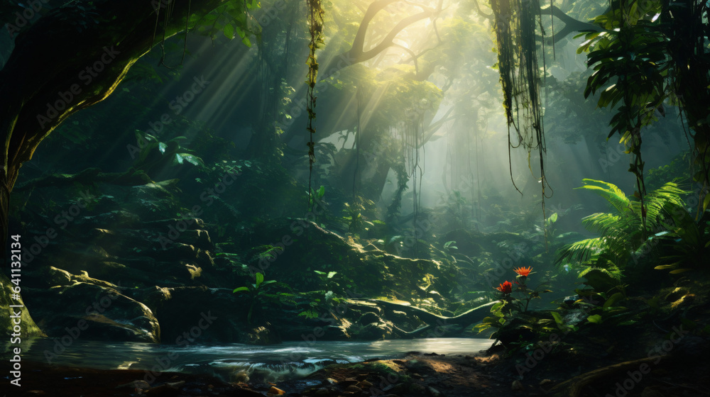 Dark rainforest sun rays through the trees