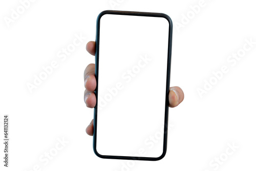 A man's hand holding a black smartphone isolated on white. Mobile devices.