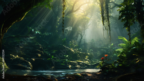 Dark rainforest sun rays through the trees © Cedar