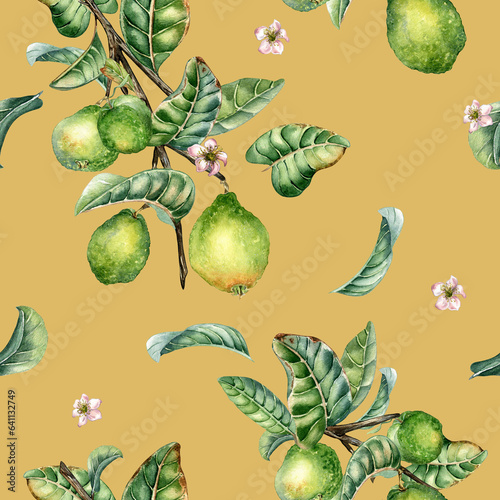 Branch of tree and single guava fruit watercolor seamless pattern isolated on beige background. Green leaves, flowers of guajava hand drawn. Design for wrapping, packaging, fabric, paper, textile