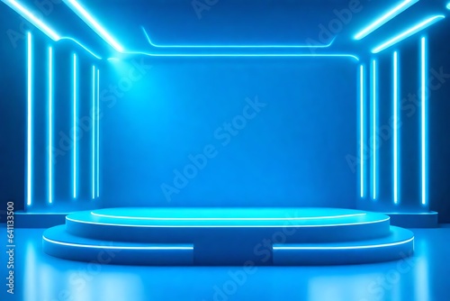 Neon light blue podium on blue background