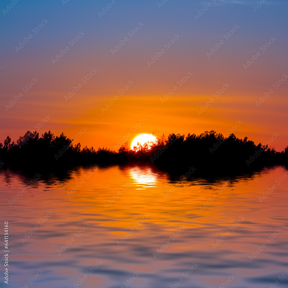 red dramatic sunset over the calm lake, beautiful natural sunset background
