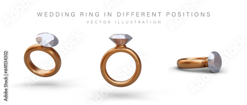 Wedding ring in different positions. Women ring with diamond. Symbol of marriage. Luxurious jewelry. Accessory for marriage proposal. Set of vector illustrations on white background
