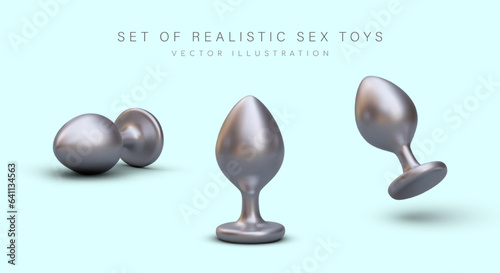 Classic butt plug with limiter. Silver sex toy for adults. Smart plug with vibration. Anal metal device for men and women. Theme color icons for sex shop