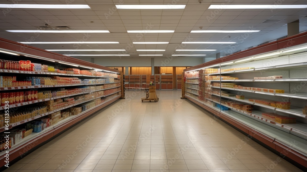 stark contrast between abundance and scarcity the aisles of a well-stocked supermarket next to an empty food pantry, highlighting the unfortunate reality of unequal access to nutrition.