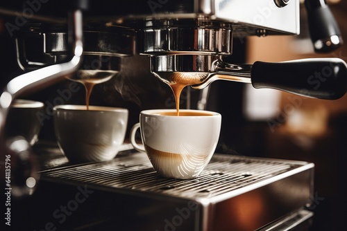 This image captures the moment when espresso is being poured from a coffee machine at a cafe. The fresh aroma of coffee and the rich texture unfold before your eyes.Generative AI