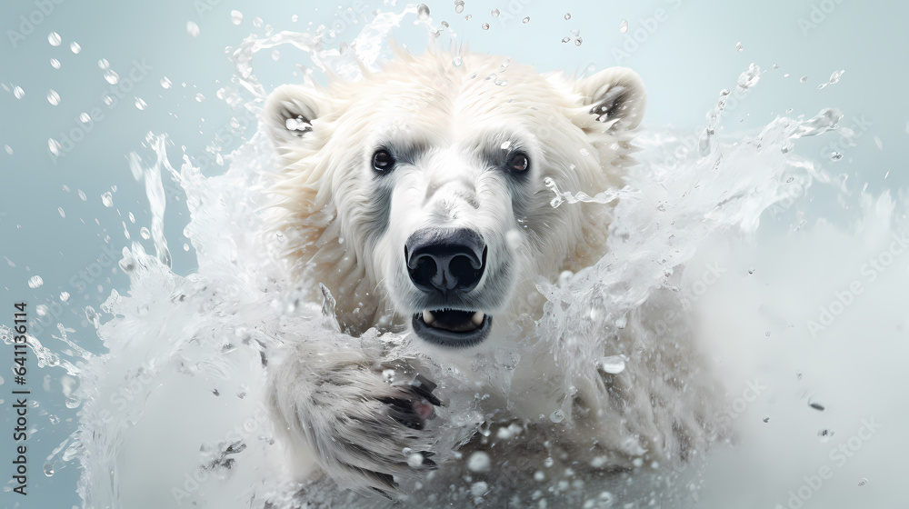 Polar  bear with water droplets and  splashes