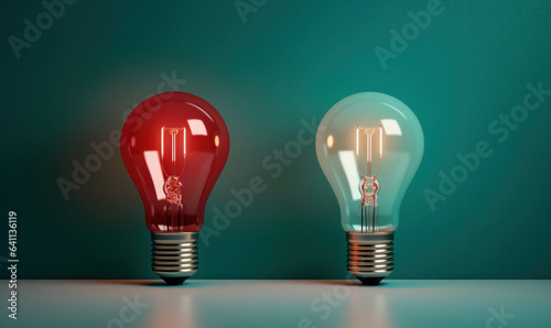 Switched off light bulbs with one lit on and shining. Idea, leadership or creativity concepts. 3d rendering illustration with copy space.