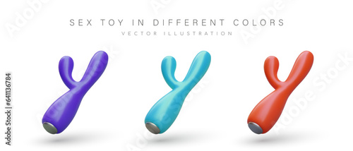Set of realistic colored rabbit vibrators. Device for stimulating clitoris and vagina. Sex toy. Illustrations for website, application for adults. Icons for sex shop