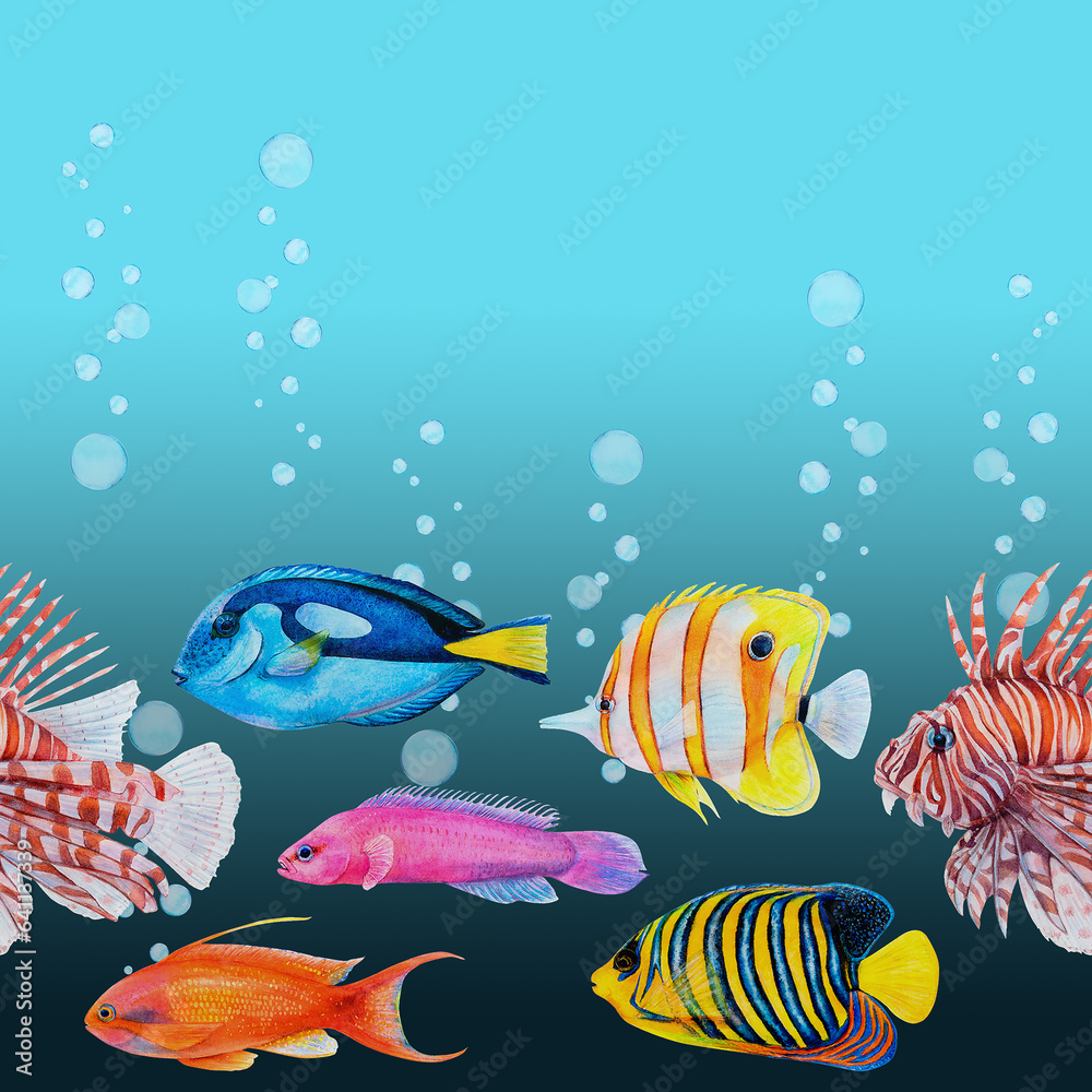 Fototapeta premium Watercolor drawing seamless border of colorful fish: royal angel, lionfish, antias, butterfly fish, surgeonfish, friedman fish and air bubbles on blue water background. Underwater illustration for