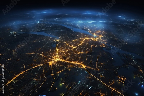 Satellite view of the lights of a large modern city at night. The dependence of large cities on the supply of electricity