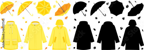 set of umbrellas and raincoats on a white background vector
