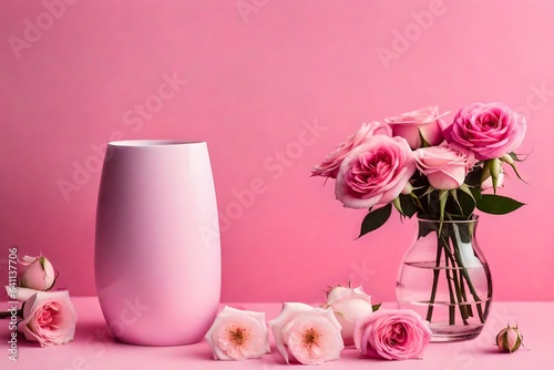 Pink roses in a vase on a pink background.