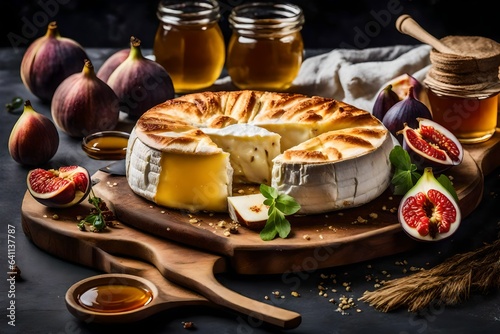 Baked Camembert Cheese Served with Honey and Fresh Figs