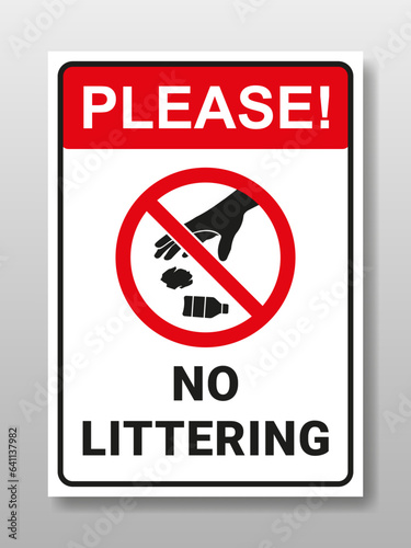Please no littering sign with a picture of a hand throwing away paper and bottle waste. Design for sticker, placard, metal board sign.