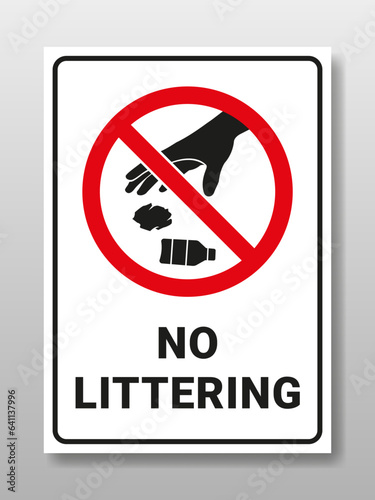No littering sign with a picture of a hand throwing away paper and bottle waste. Design for sticker, placard, metal board sign.