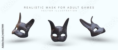 Realistic leather black mask for adult games. Animal mask with ears, decorated with rivets. Cutouts for eyes. Sex attribute, BDSM. Time to play. Isolated objects in different positions