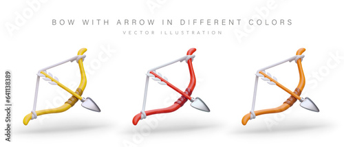 Drawn bow with arrow. Vector objects of different colors. Ancient small arms. Love arrows. Amur weapon. Set of realistic illustrations in cartoon style