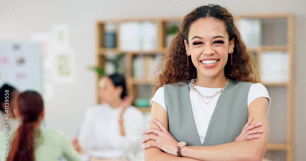 Happy, face and teacher with arms crossed in meeting with staff for planning, curriculum and meeting with educator team. Office, portrait and woman smile for goals in education, development or school