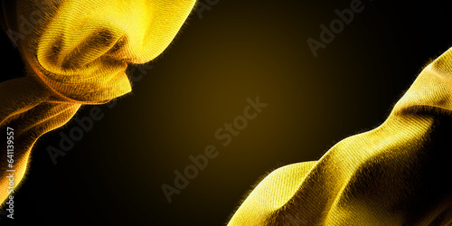 Yellow soft fur fabric sdesign element, 3d rendering fuzz cloth material flying in the wind. Waving fur cloth isolated on black background. text space.  Web article template photo